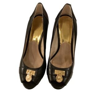Michael Kors Black Peep Toe and Gold Wedges SIZE 8